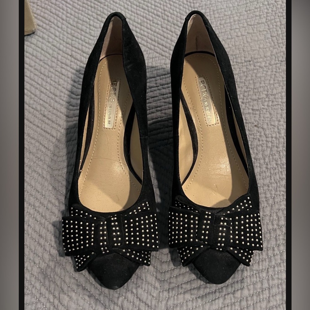 BCBGeneration Black Wedge Shoes with Studded Bow